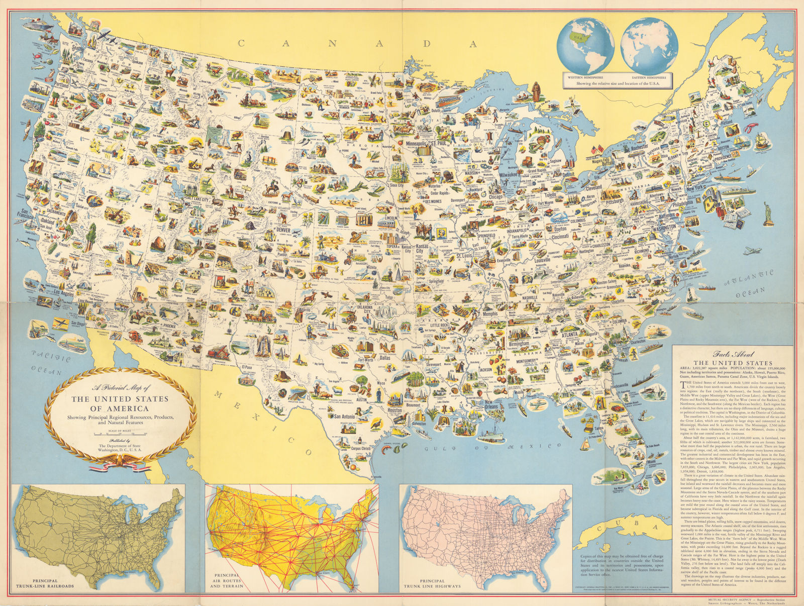 Associate Product A Pictorial Map of the United States of America. 24x31 inches folding map c1951