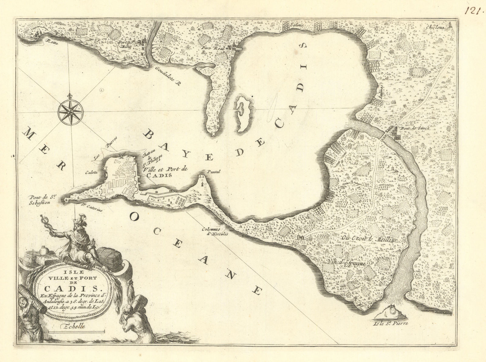 'Isle, ville et port de Cadis'. Bay and city of Cadiz, Spain. DE FER c1697 map