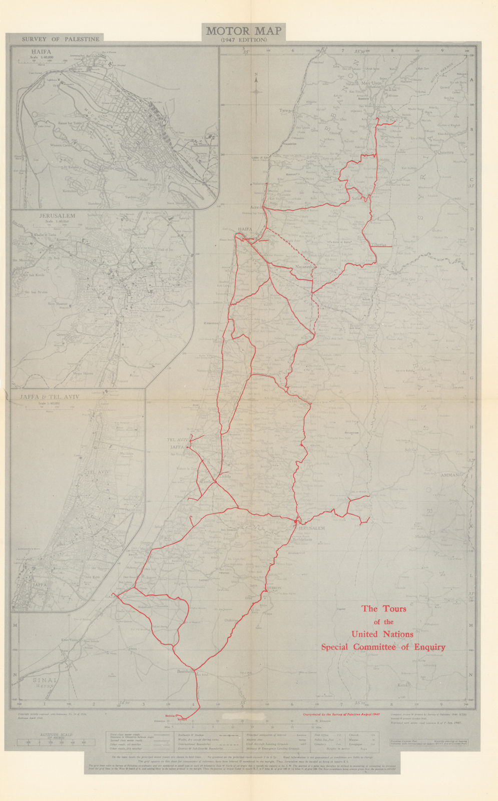 The Tours of the United Nations Special Committee of Enquiry. Palestine 1947 map