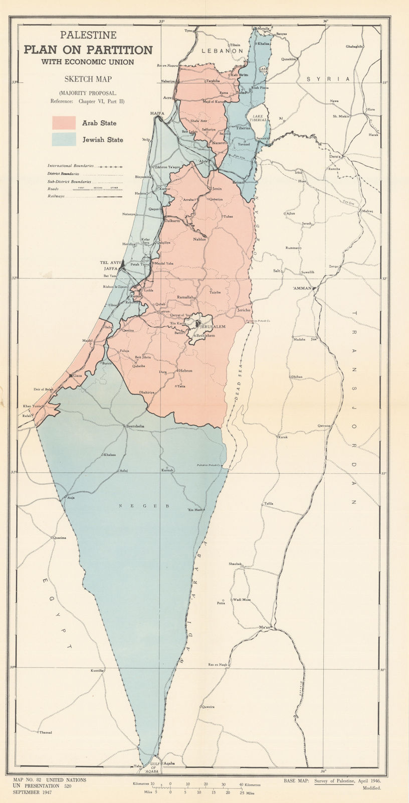 Palestine Plan on Partition with Economic Union. United Nations UNSCOP 1947 map