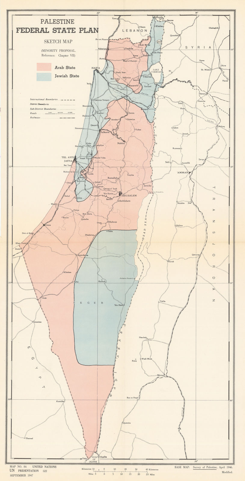 Palestine Federal State Plan - Minority proposal. United Nations UNSCOP 1947 map