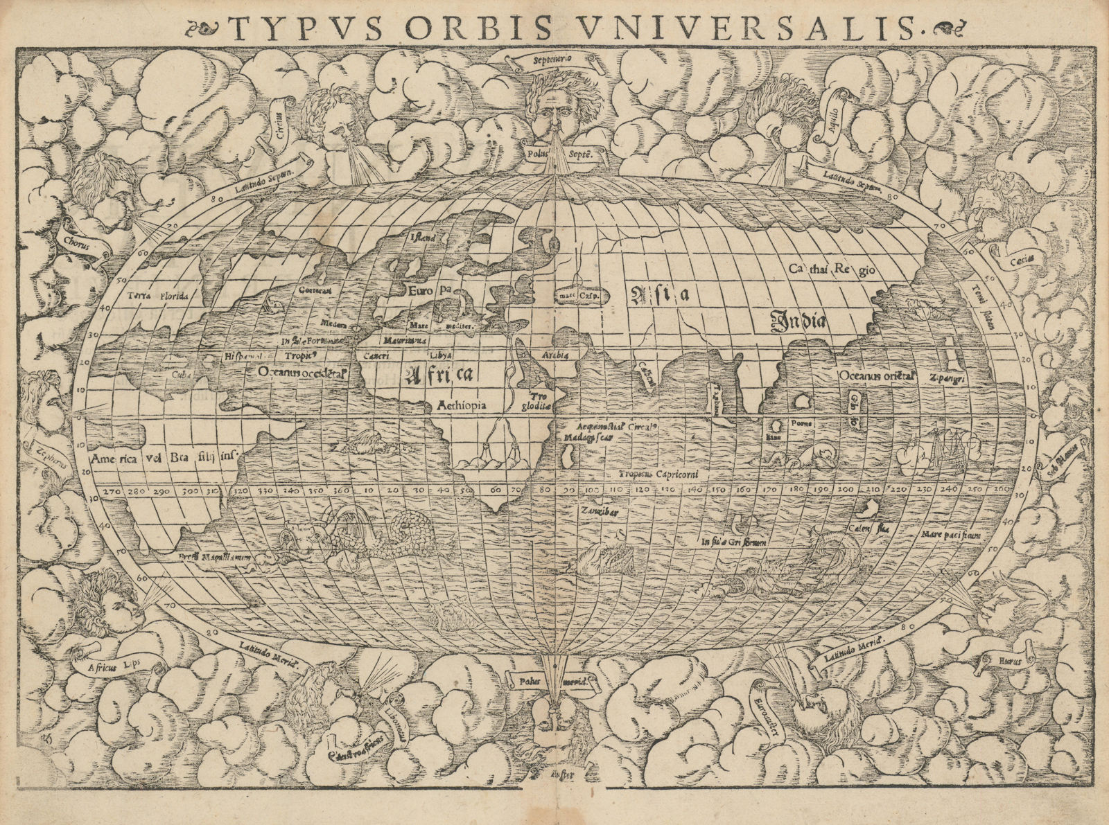 Typus Orbis Universalis. World. America. Terra Florida. MÜNSTER 1572 old map