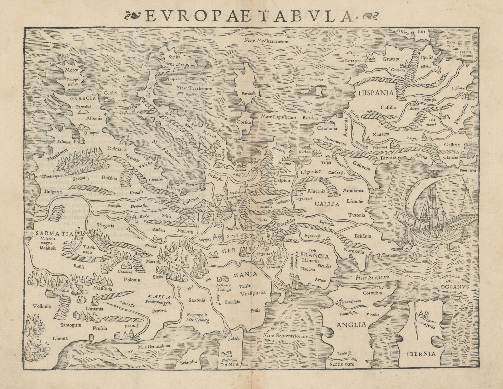 Europae Tabula. Europe. Orientated south. SEBASTIAN MÜNSTER 1572 old map