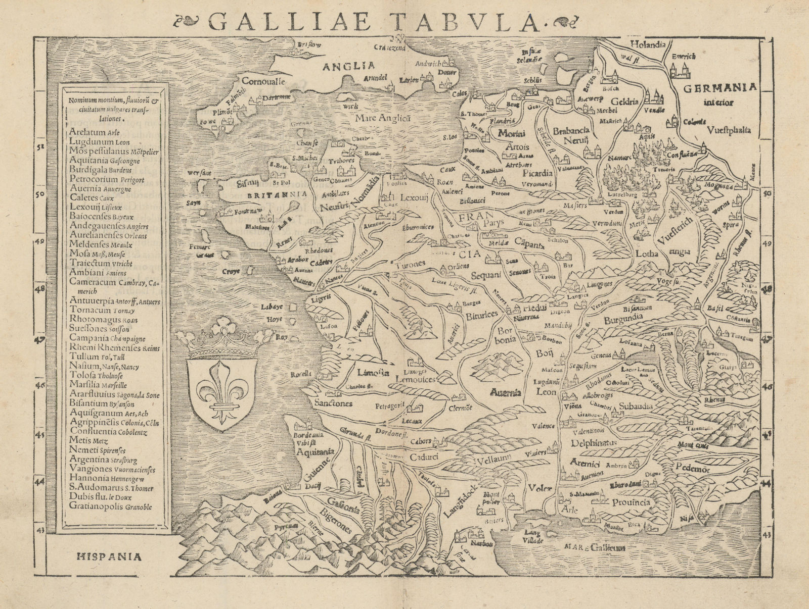 Galliae Tabula. Gaul. France. SEBASTIAN MÜNSTER 1572 old antique map chart