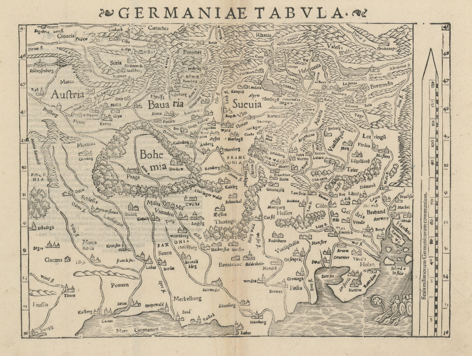 Associate Product Germaniae Tabula. Germany, Switzerland, Austria & Czechia. MÜNSTER 1572 map