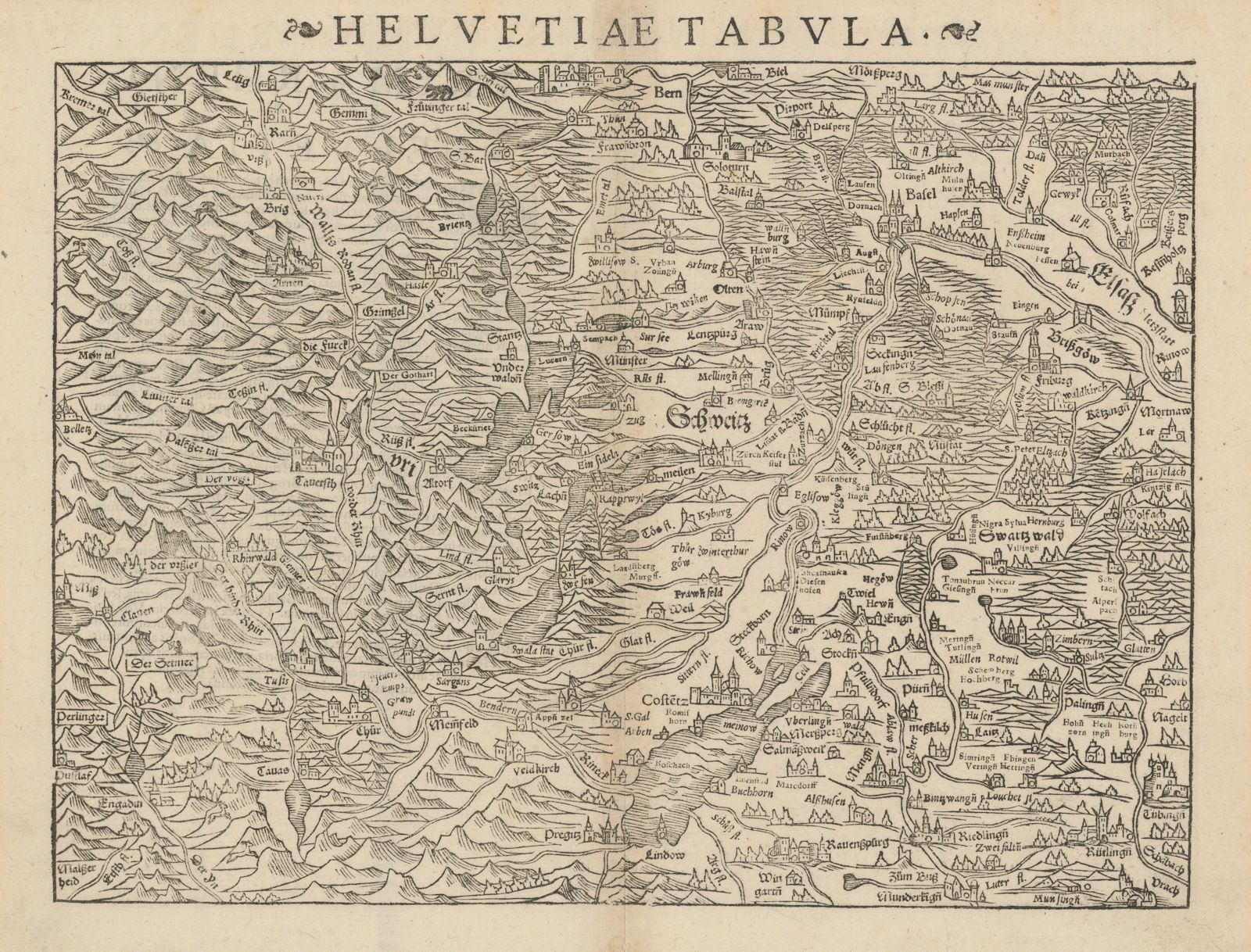 Associate Product Helvetiae Tabula. Switzerland. Orientated west. SEBASTIAN MÜNSTER 1572 old map