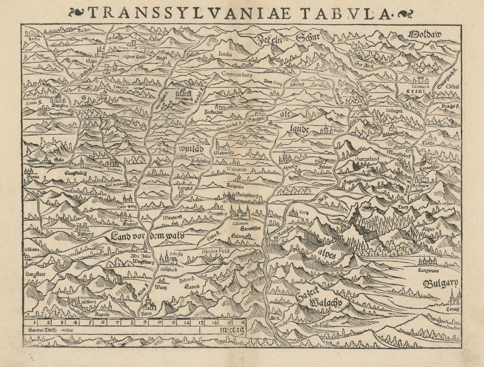 Transsylvaniae Tabula. Transylvania, Romania. SEBASTIAN MÜNSTER 1572 old map