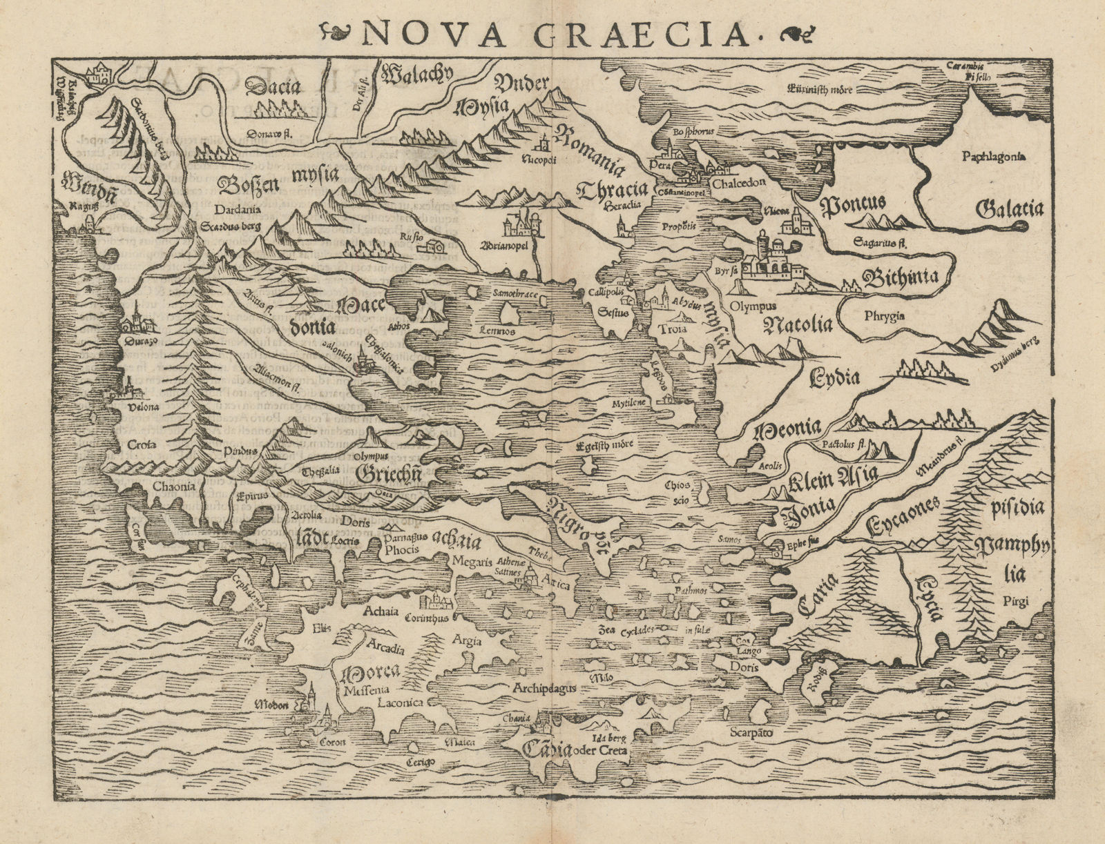 Nova Graecia. Greece, the Aegean & western Anatolia. Turkey. MÜNSTER 1572 map