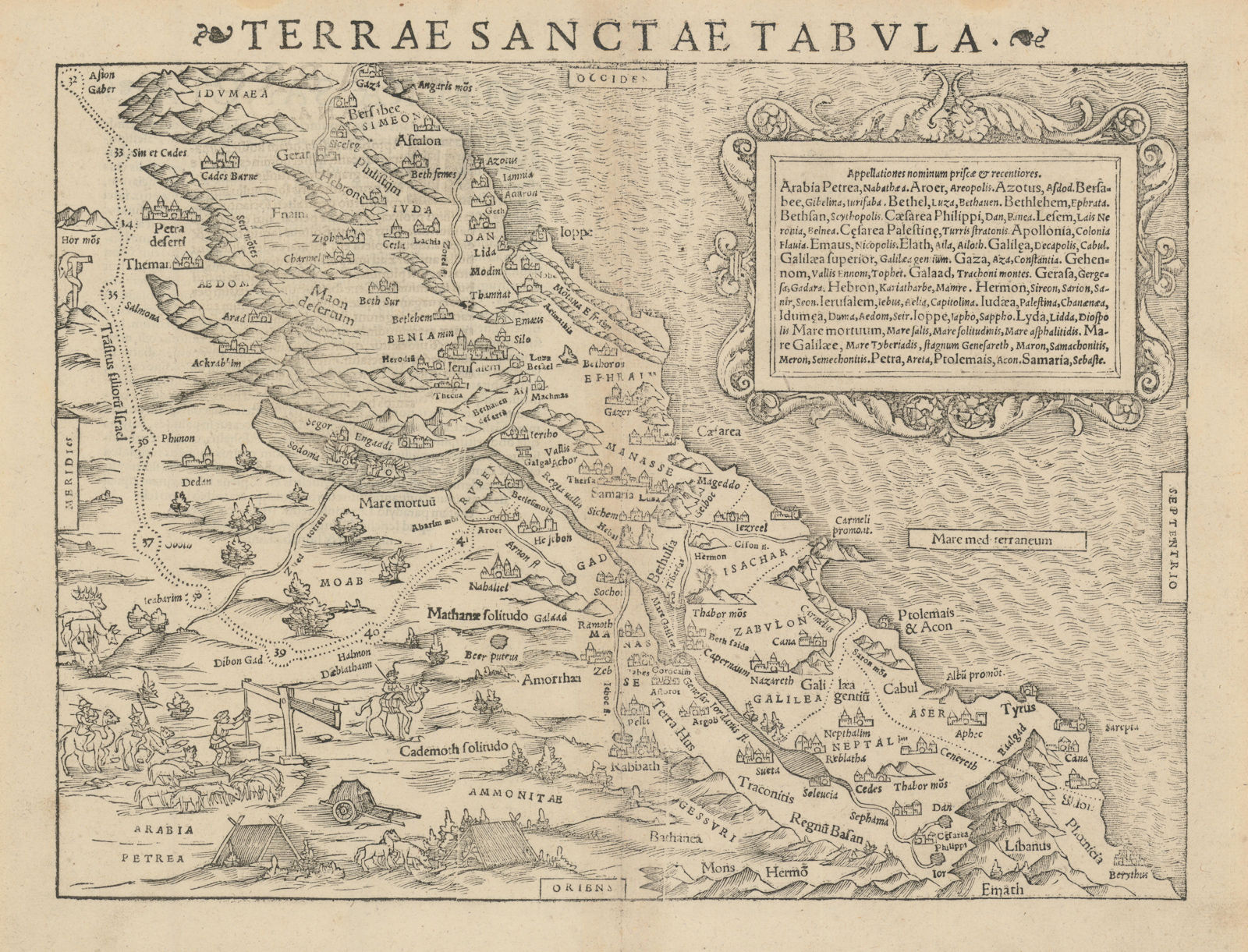 Terrae Sanctae tabula. The Holy Land. Israel Palestine Jordan. MÜNSTER 1572 map