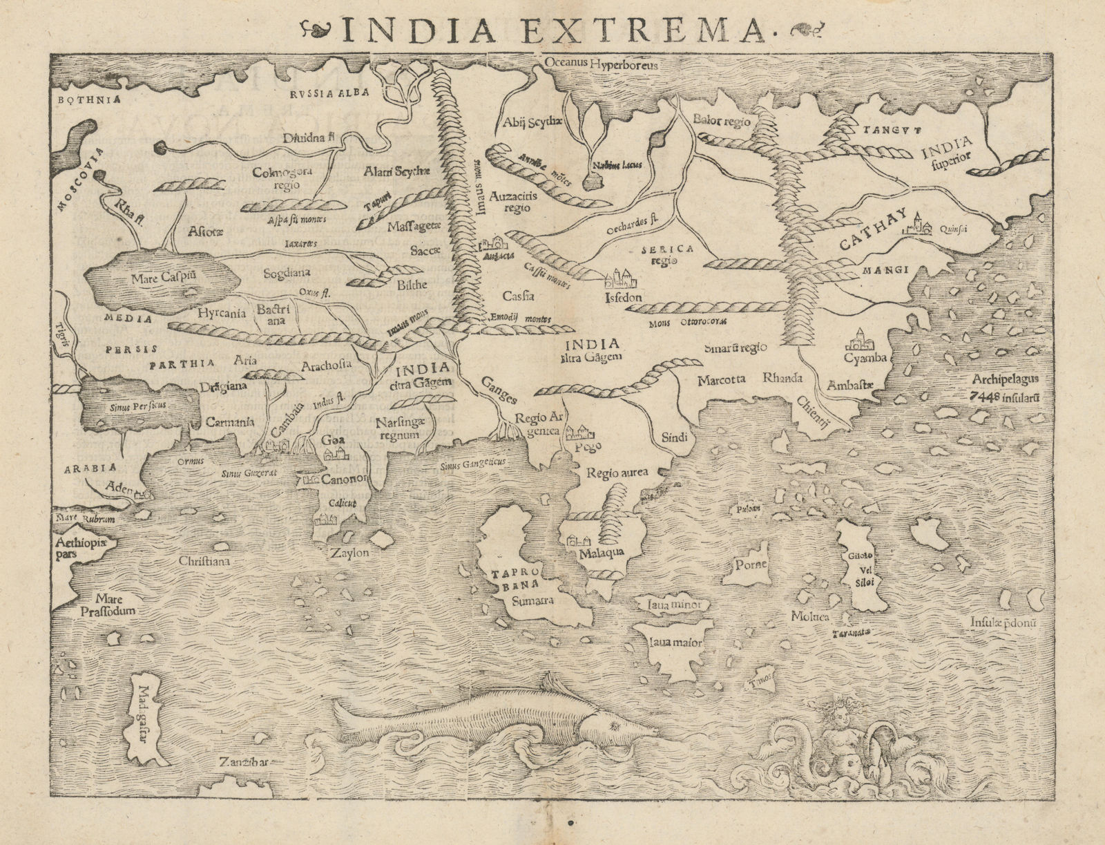 India extrema. Asia & East Indies. Mermaid. SEBASTIAN MÜNSTER 1572 old map