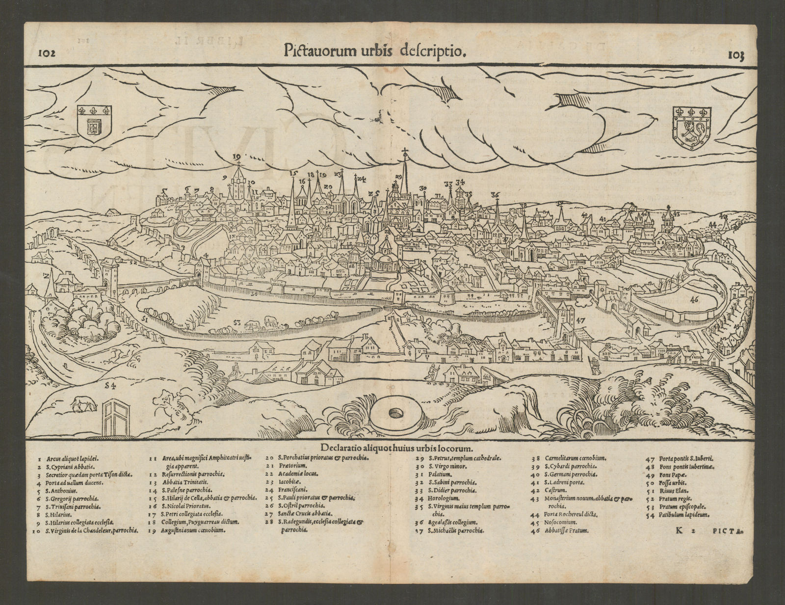 Pictavorum urbis descriptio. Birds eye view of Poitiers, Vienne MÜNSTER 1572 map