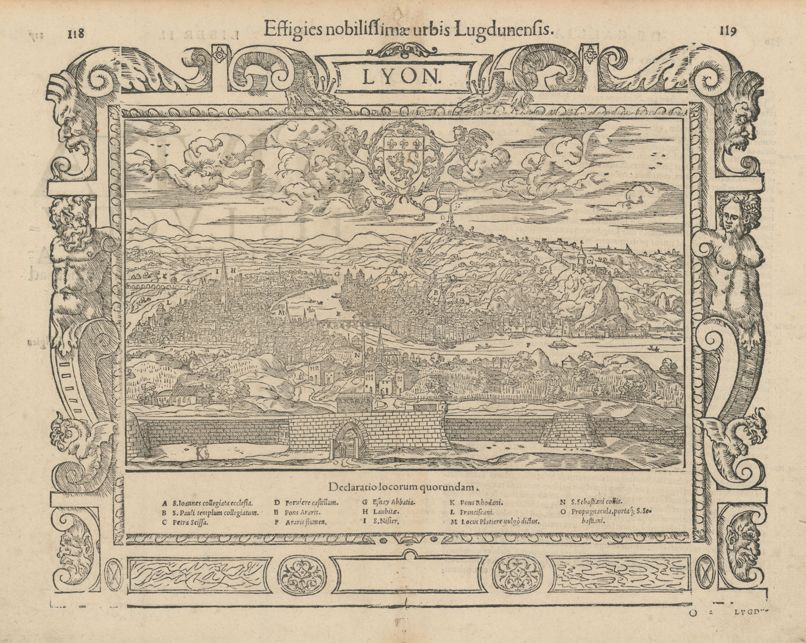 Effigies nobilissimae urbis Lugdunensis. The city of Lyon. MÜNSTER 1572 map