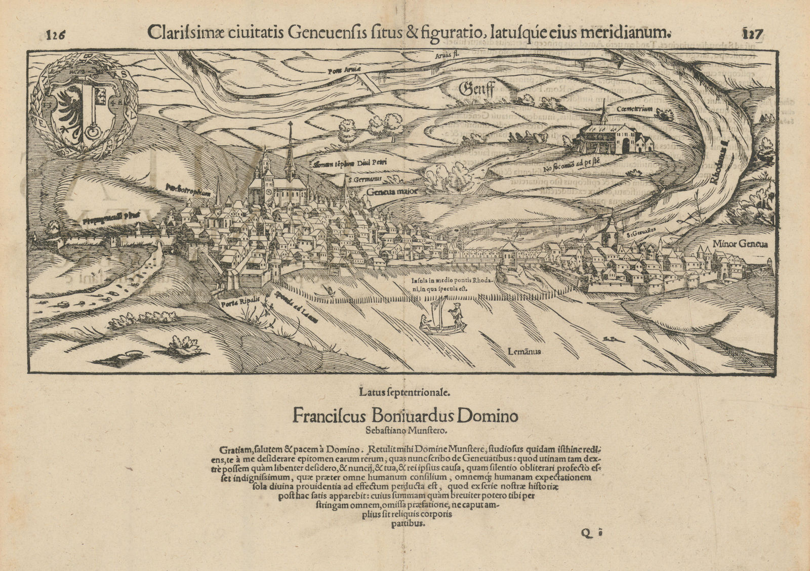 Clarissimae civitatis Genevensis… Geneva / Genève, Switzerland. MÜNSTER 1572 map