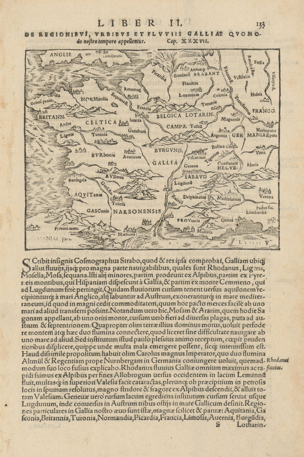 De Regionibus, urbibus et fluuiis Galliae… Gaul / France. MÜNSTER 1572 old map