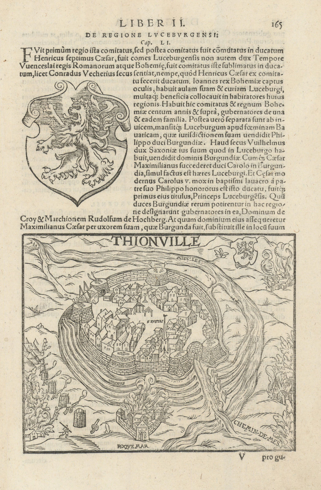 Bird's eye view of Thionville, Moselle. SEBASTIAN MÜNSTER 1572 old antique map