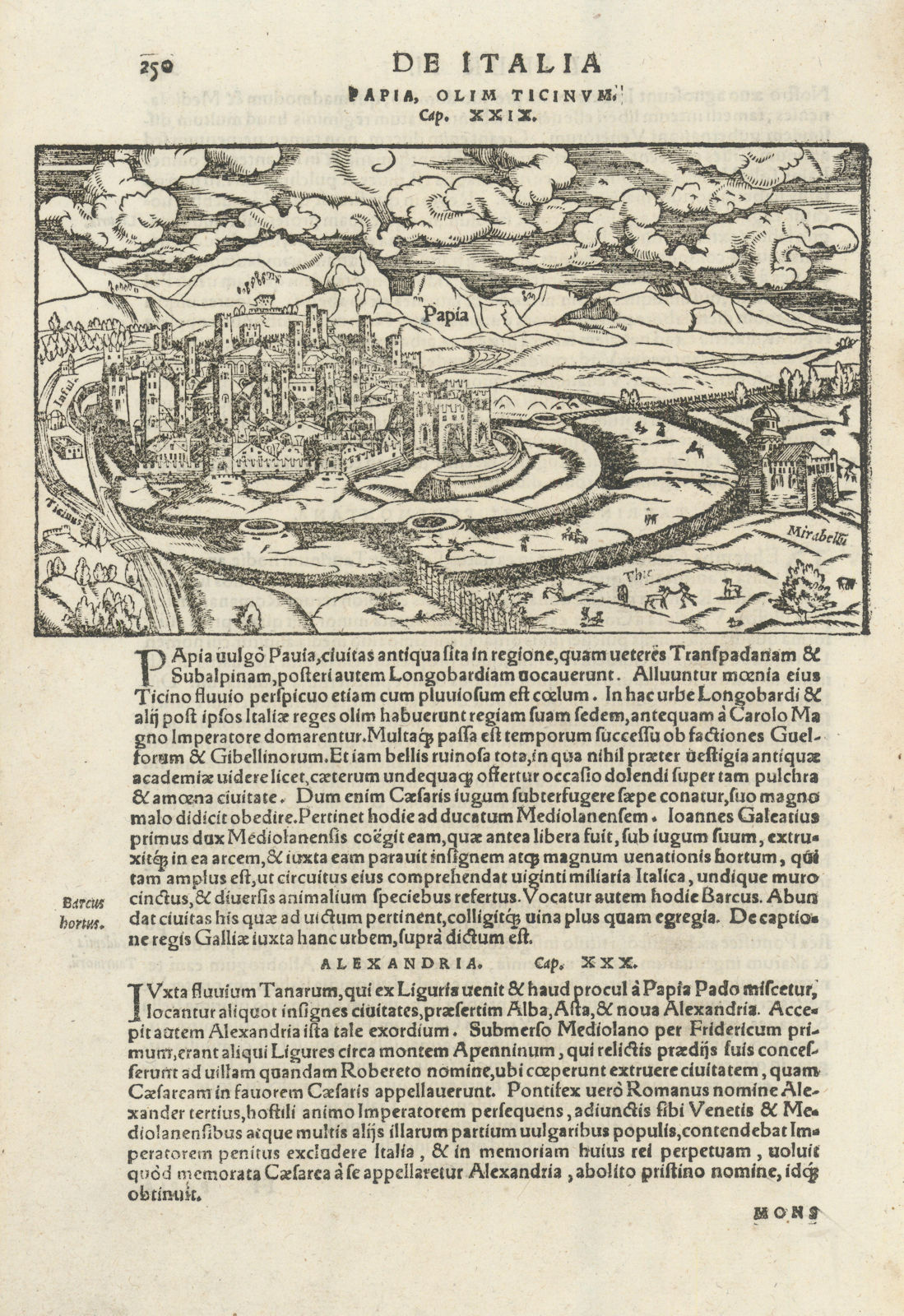 Papia, Olim Ticinum. View of the city of Pavia, Lombardy. SEBASTIAN MÜNSTER 1572