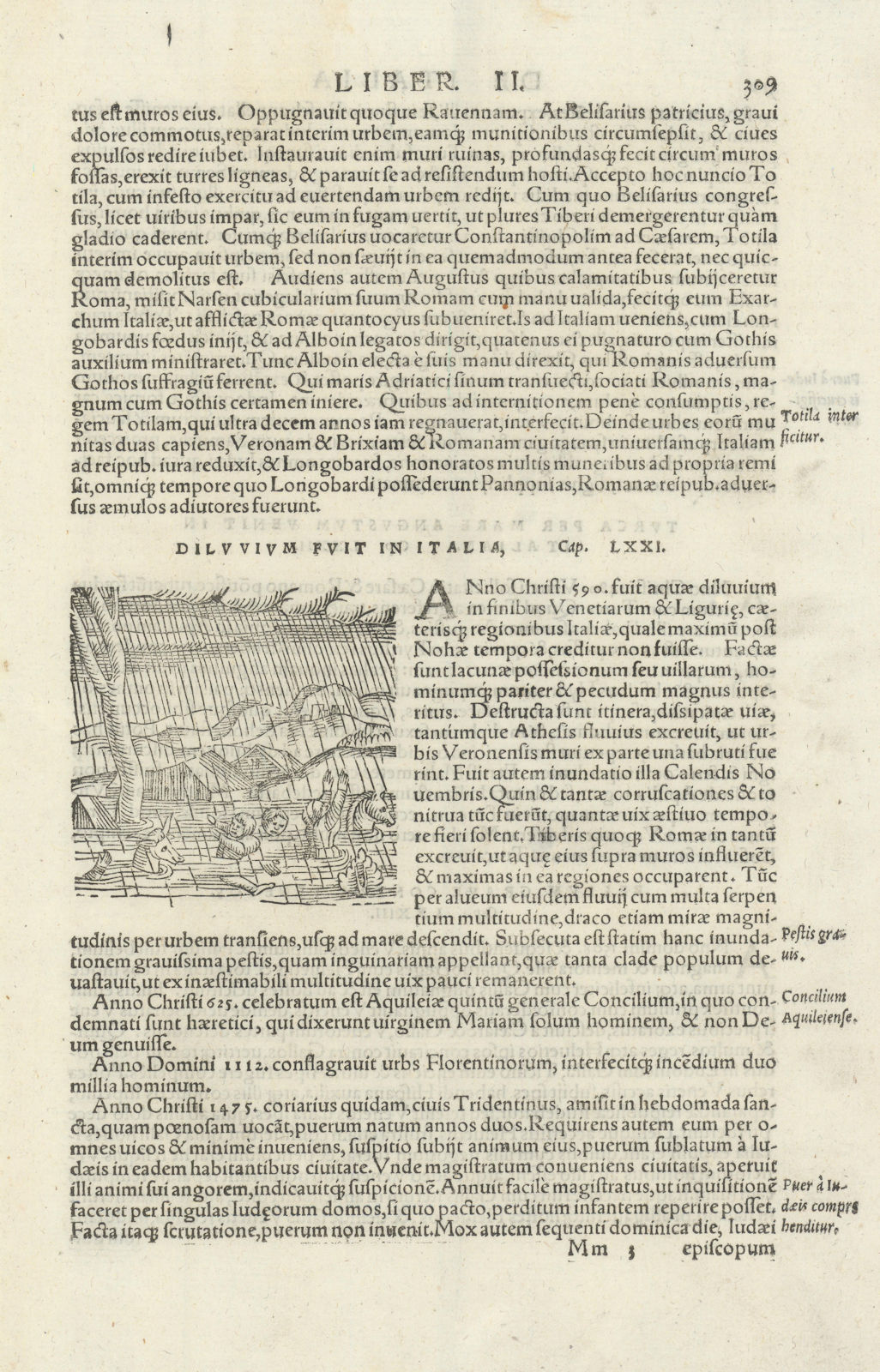 Diluvium fuit in Italia. Breach at Cucca - Veneto flood of 589. MÜNSTER 1572