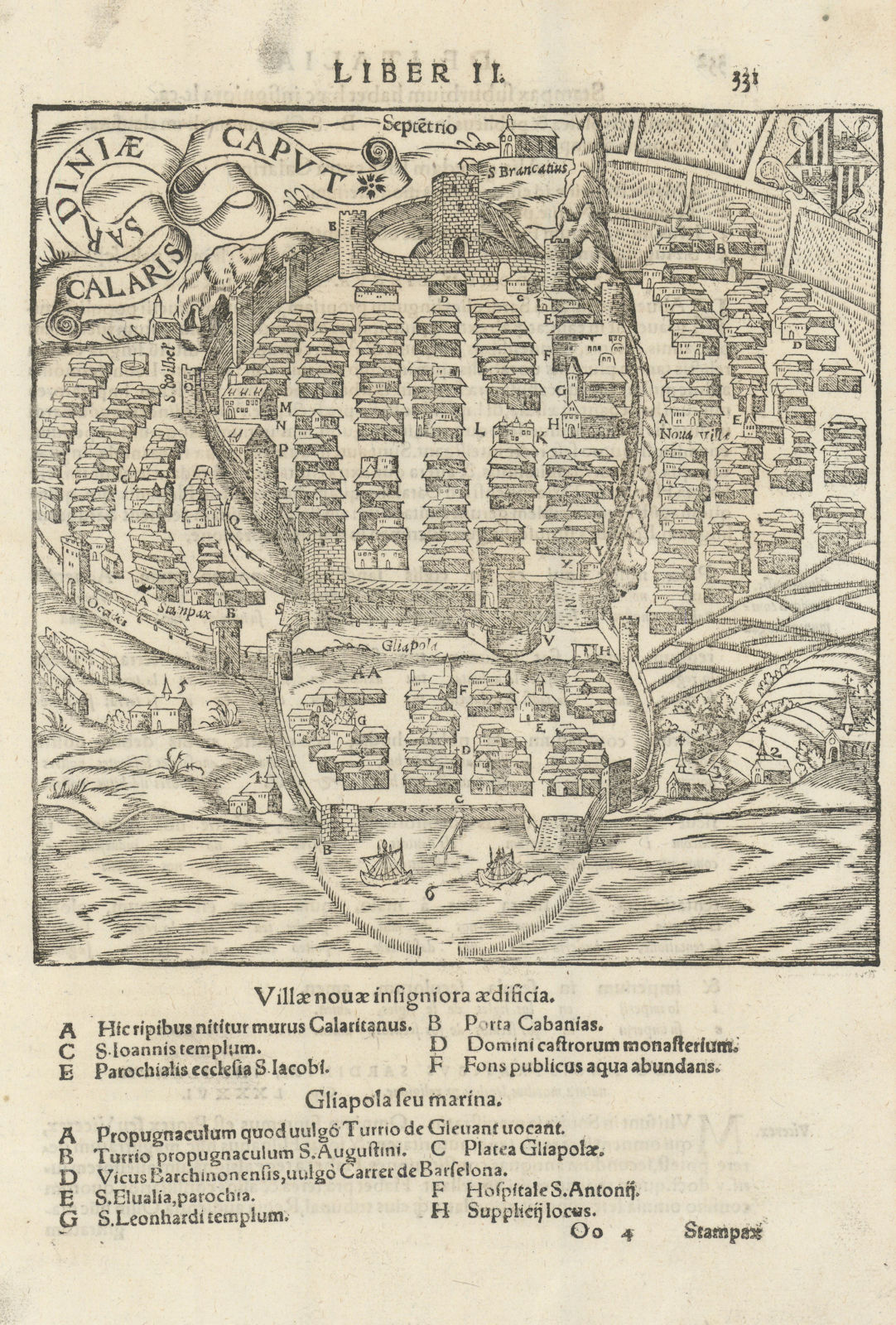 Calaris Sardiniae Caput. Cagliari, the capital of Sardinia. MÜNSTER 1572 map