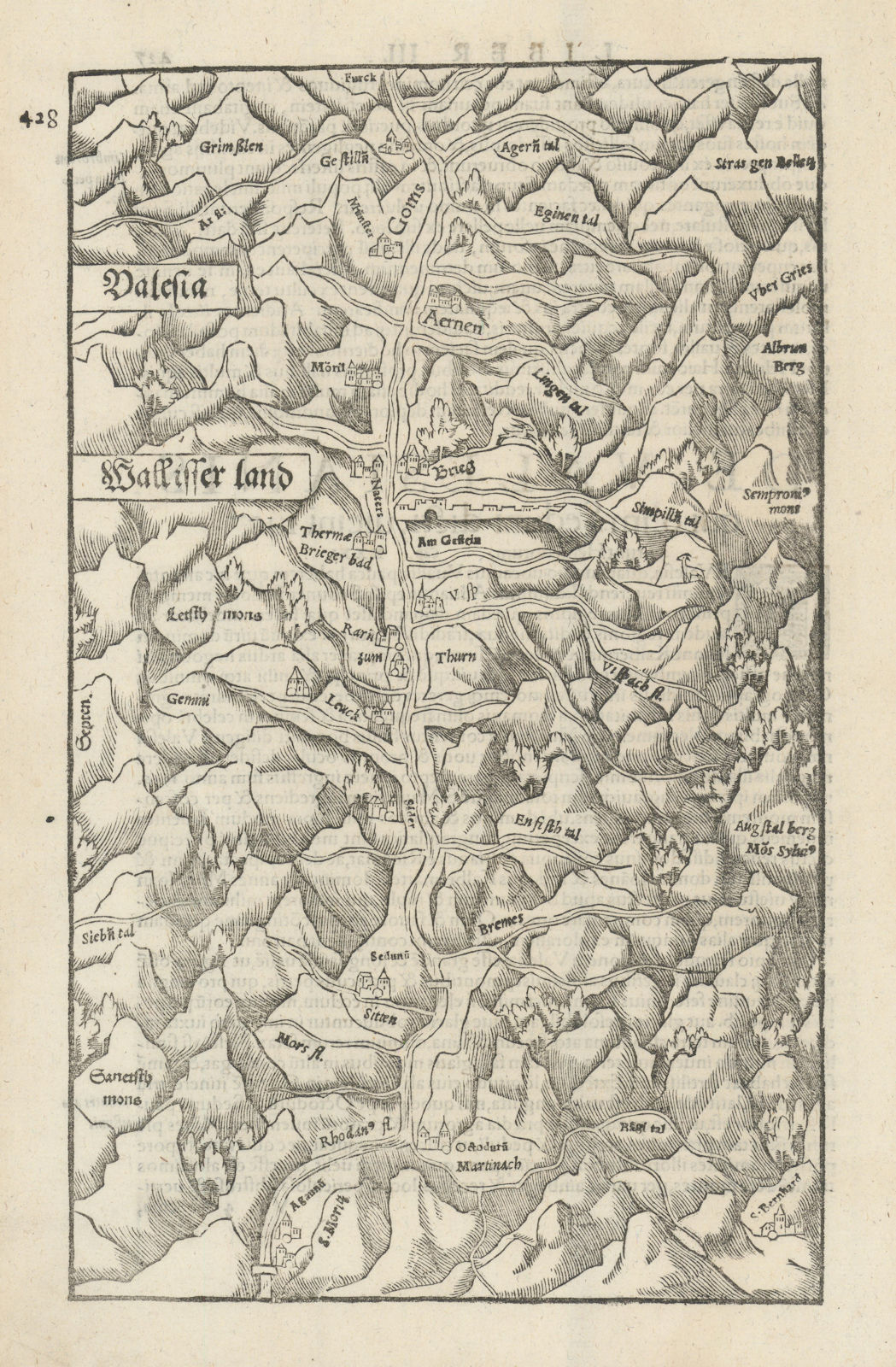 Associate Product Valesia / Wallisser land. Valais, Switzerland. Rhône valley. MÜNSTER 1572 map