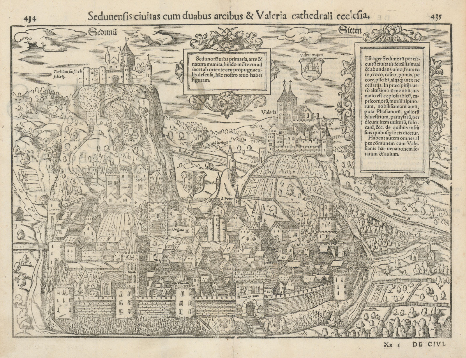 Sedunensis civitas… City of Sion & Valère Basilica, Switzerland MÜNSTER 1572 map