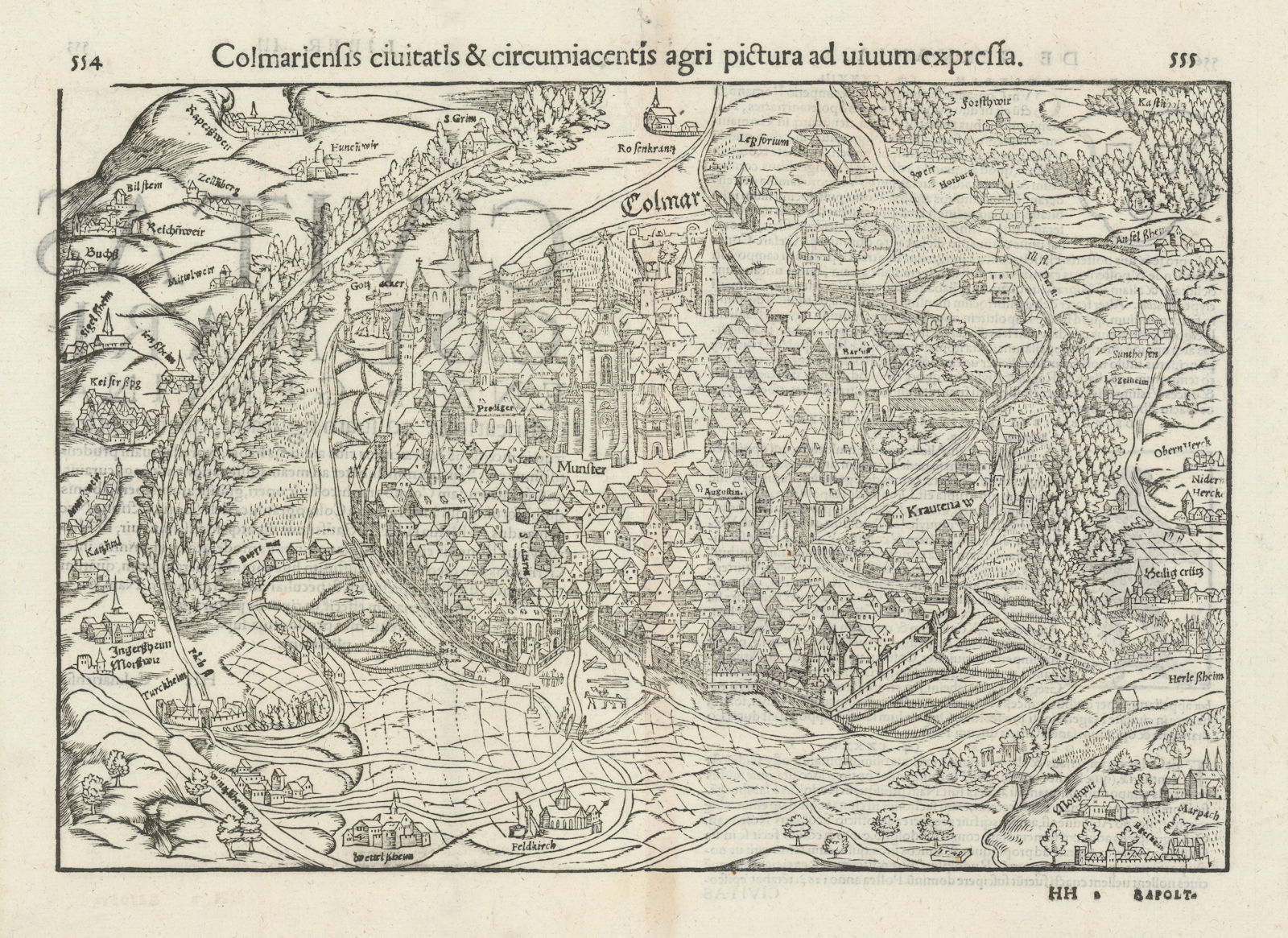 Colmariensis civitatis… The city of Colmar, Haut-Rhin. MÜNSTER 1572 old map