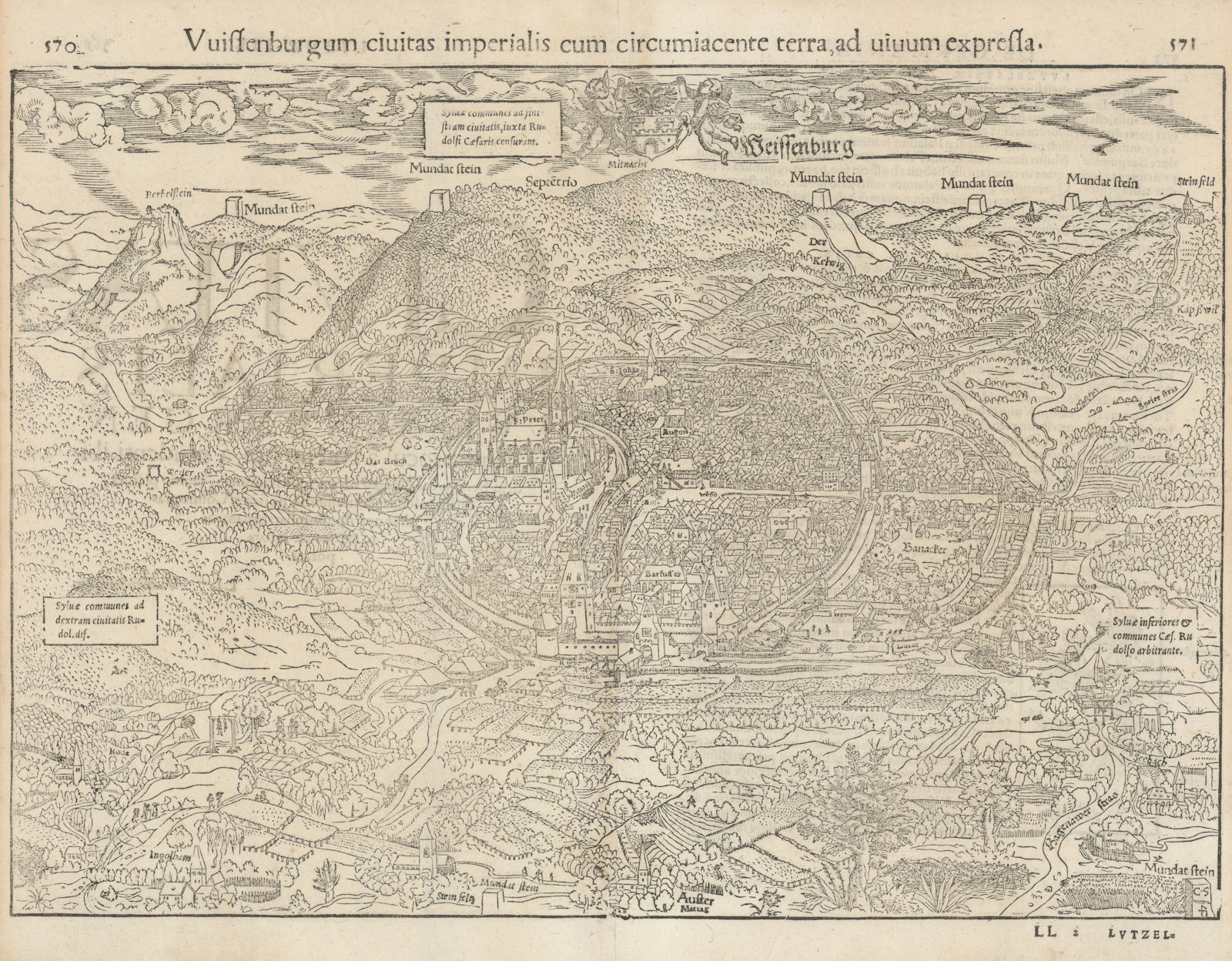 Associate Product Wissenburgum civitas… The city of Weissenburg in Bayern. MÜNSTER 1572 old map