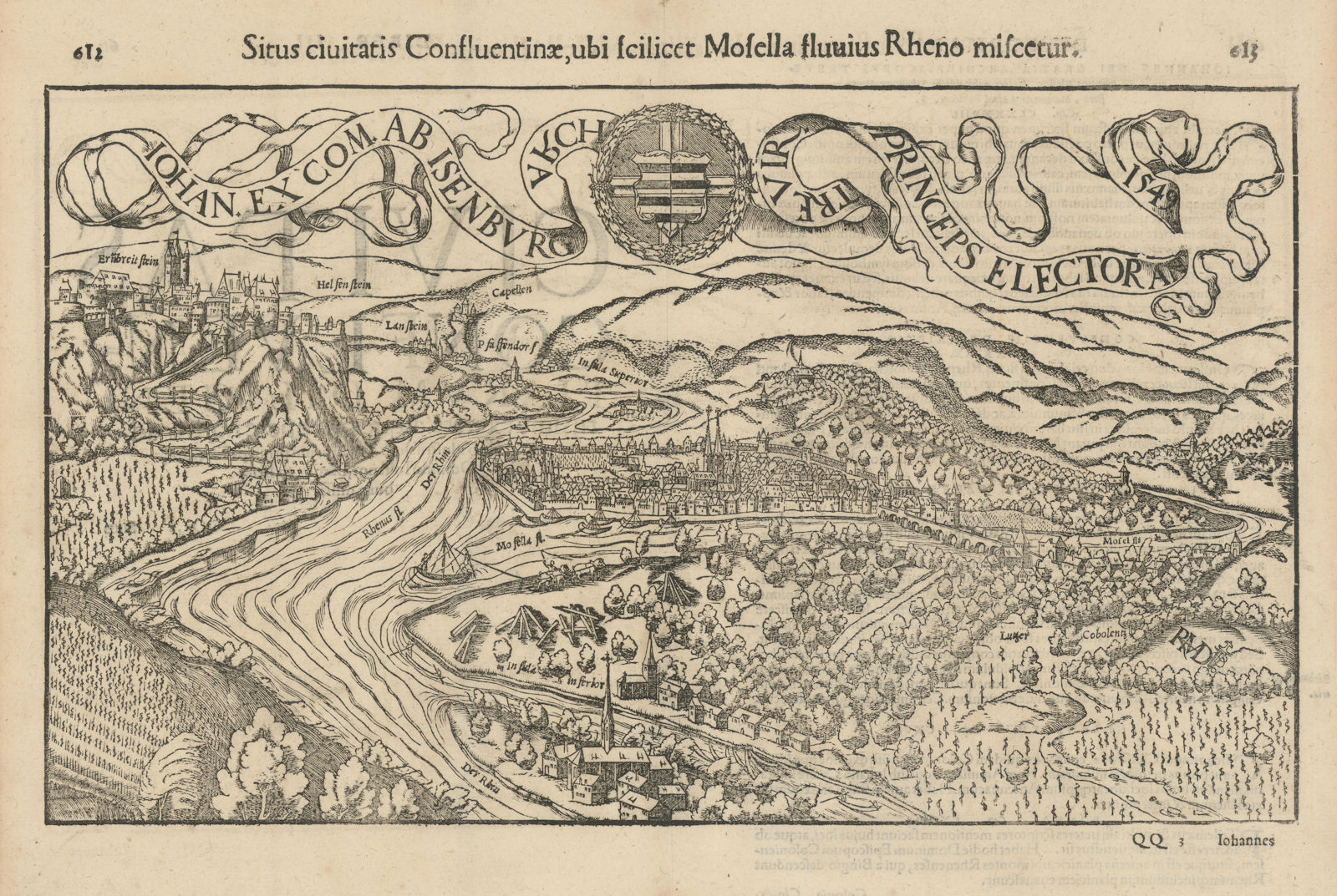 Situs civitatis Confluentinae… The city of Koblenz, Germany. MÜNSTER 1572 map