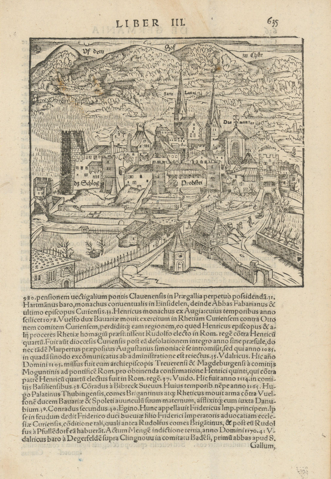 Uf dem Hof zu Chur. View of the city of Chur, Switzerland. MÜNSTER 1572 map