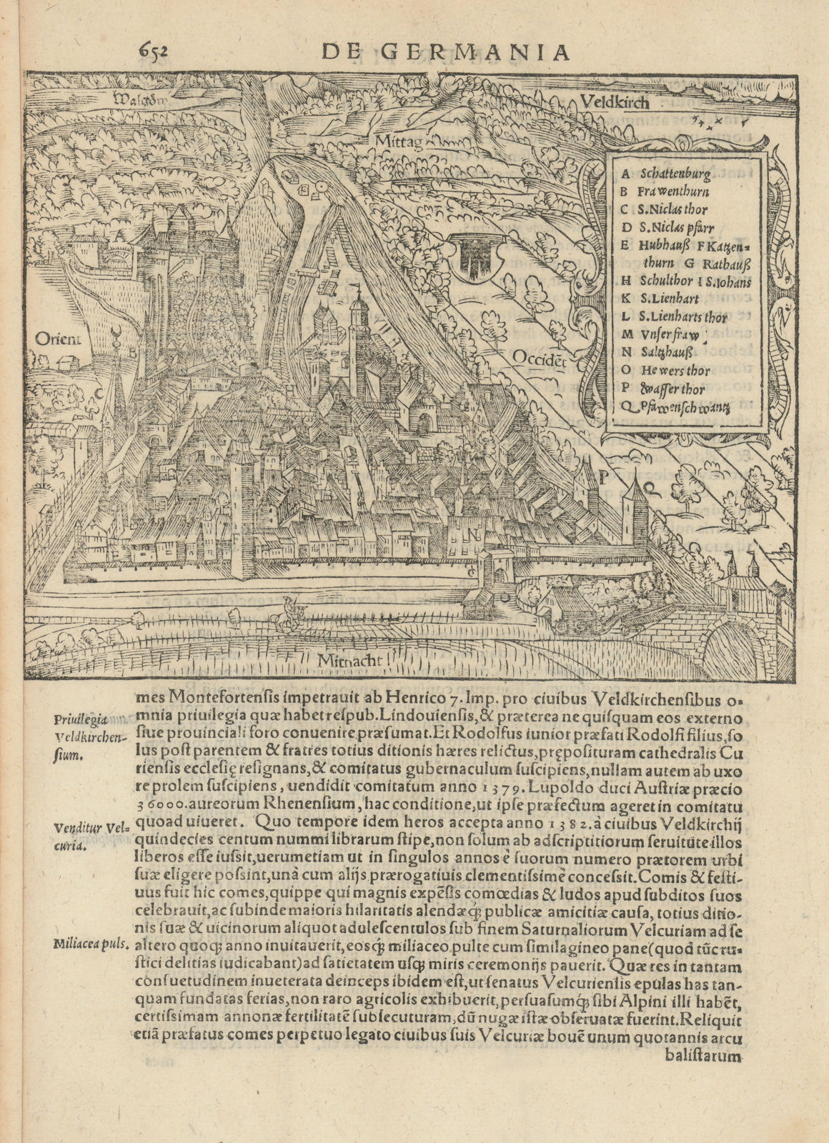 Veldkirch. Bird's eye view of Feldkirch in Vorarlberg, Austria. MÜNSTER 1572 map