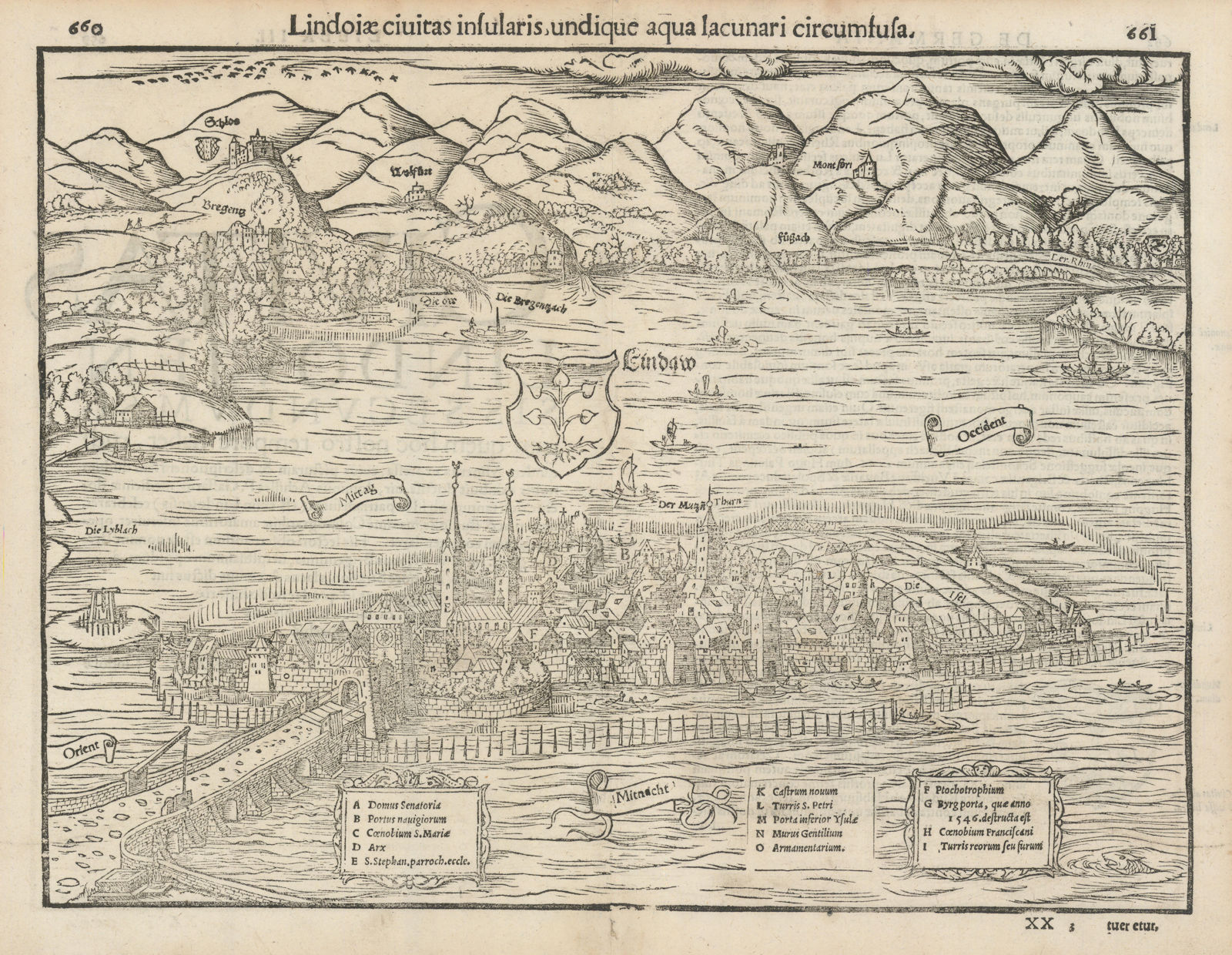 Lindoiae civitas insularis… Lindau & Lake Constance / Bodensee. MÜNSTER 1572 map