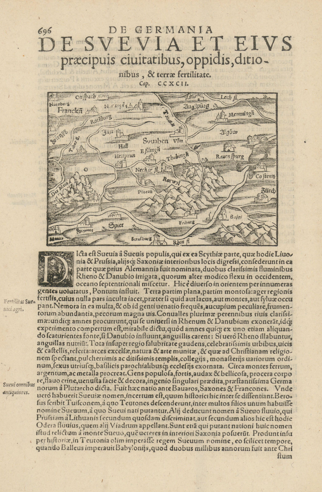 De Svevia… The Swabia region. Baden-Württemberg Bavaria. MÜNSTER 1572 old map