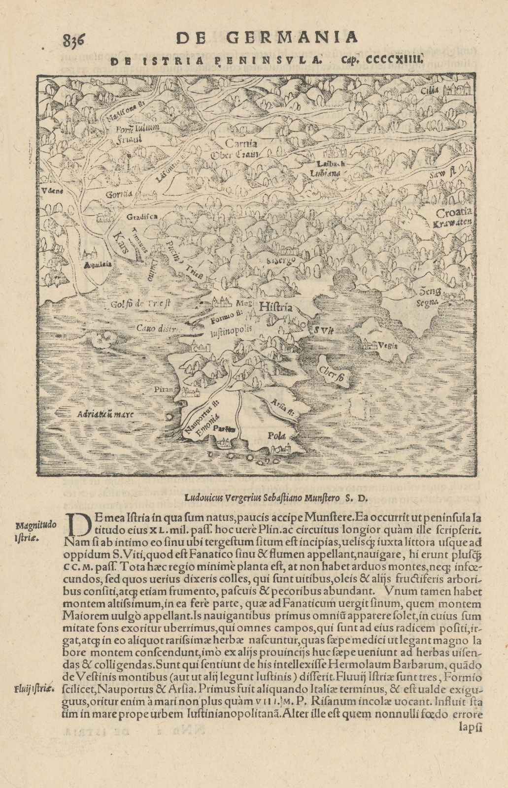 De Istria Peninsula. Slovenia Croatia Dalmatia Trieste. MÜNSTER 1572 old map