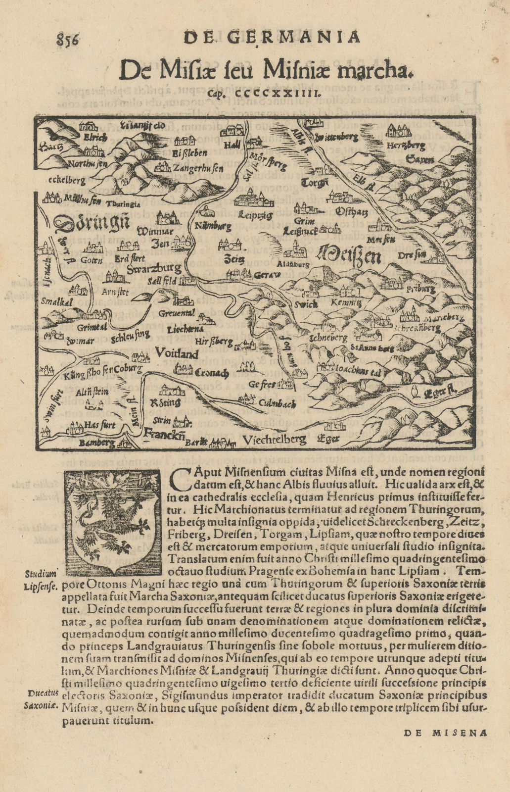 De Misiae seu Misniae marcha. The Meissen region, Saxony. MÜNSTER 1572 old map