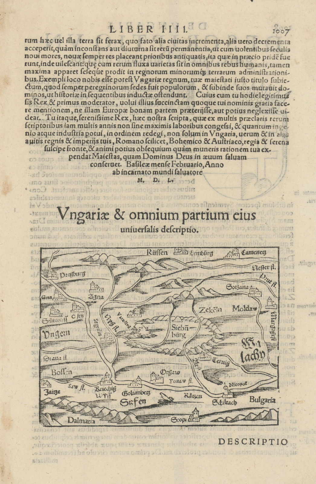 Ungariae & omnium partium… Hungary, Balkans & Romania. MÜNSTER 1572 old map