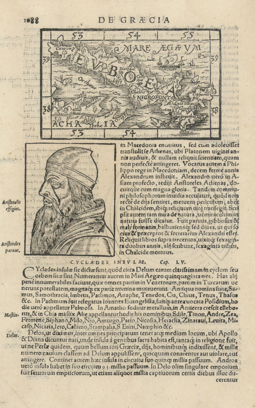 The island of Euboea or Evia, Greece. Aegean. SEBASTIAN MÜNSTER 1572 old map