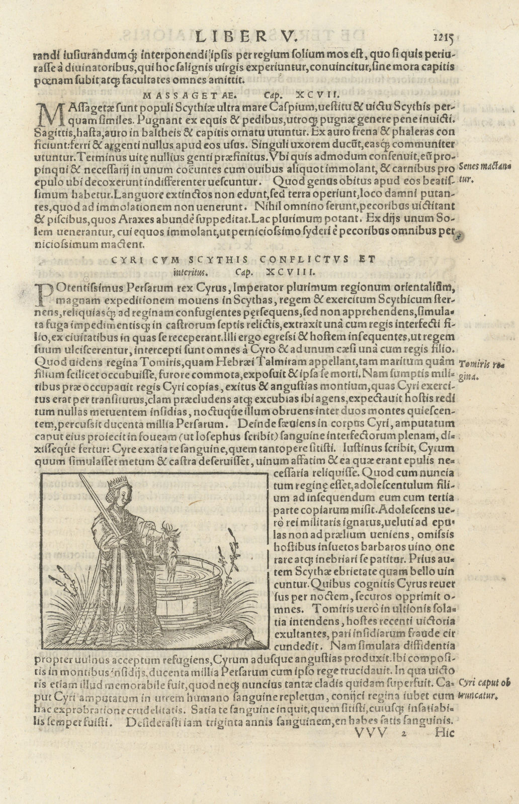 The head of King Cyrus brought to Queen Tomyris 6C BC Central Asia. MÜNSTER 1572