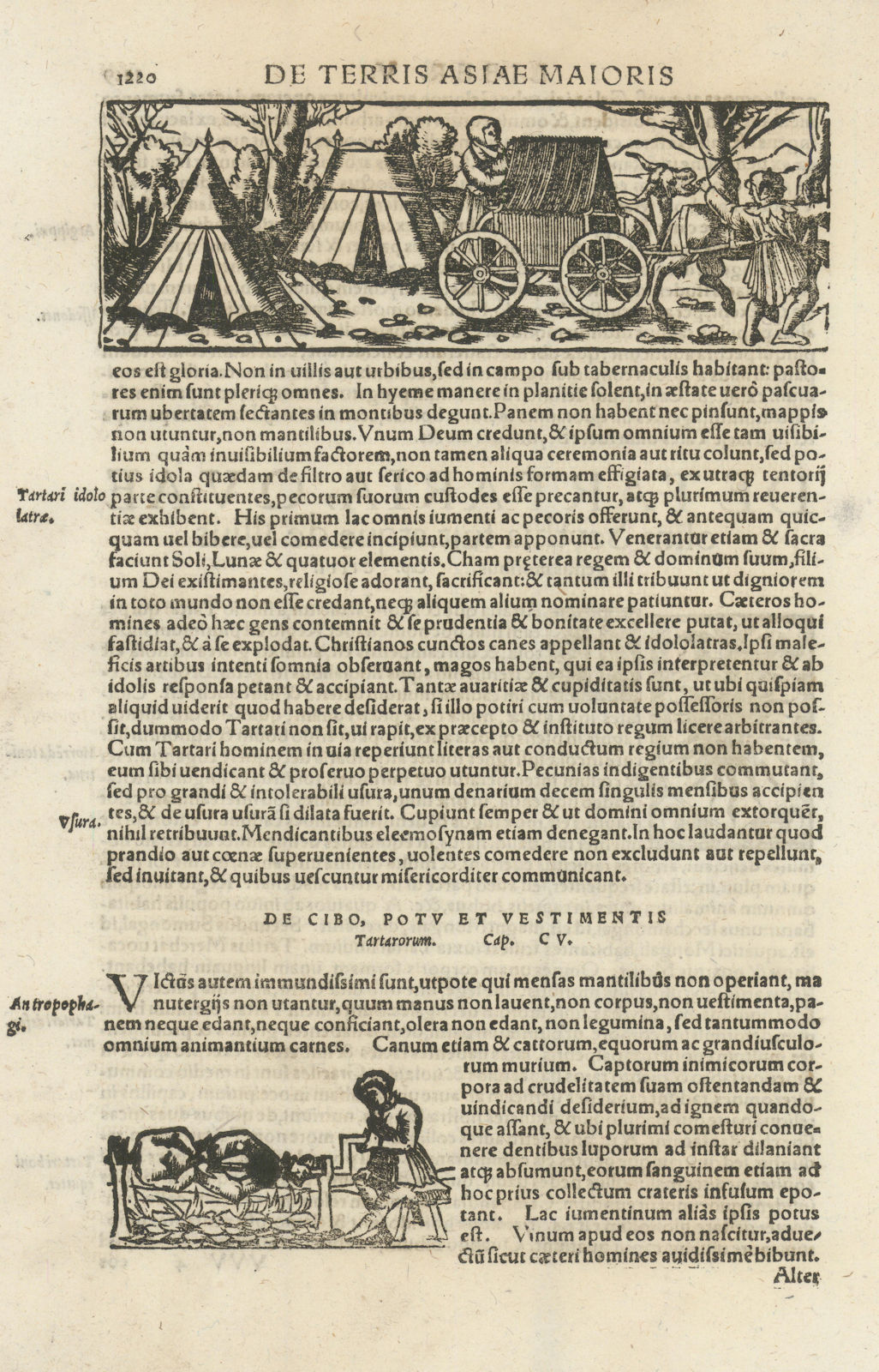 Antropophagi. Cannibals. Headless person spit roast. Asia/Tartary. MÜNSTER 1572