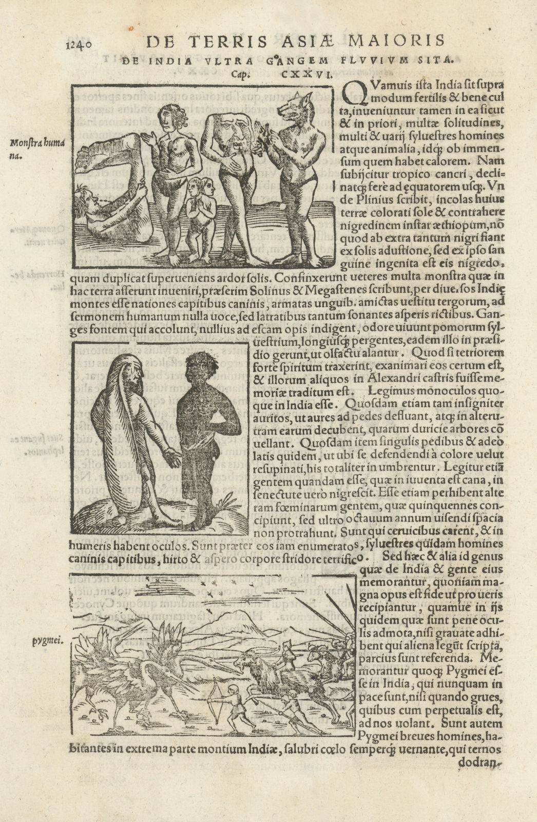 East Asia & Indochina. Human Monsters. Pygmies fighting birds. MÜNSTER 1572