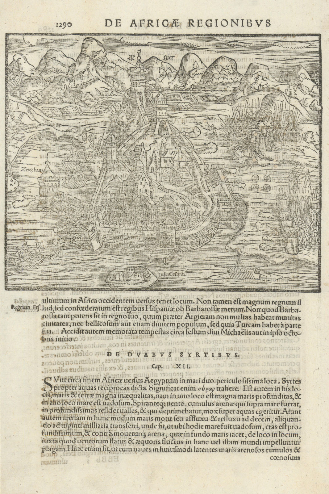 Algier. A bird's eye view of Algiers, Algeria. SEBASTIAN MÜNSTER 1572 old map