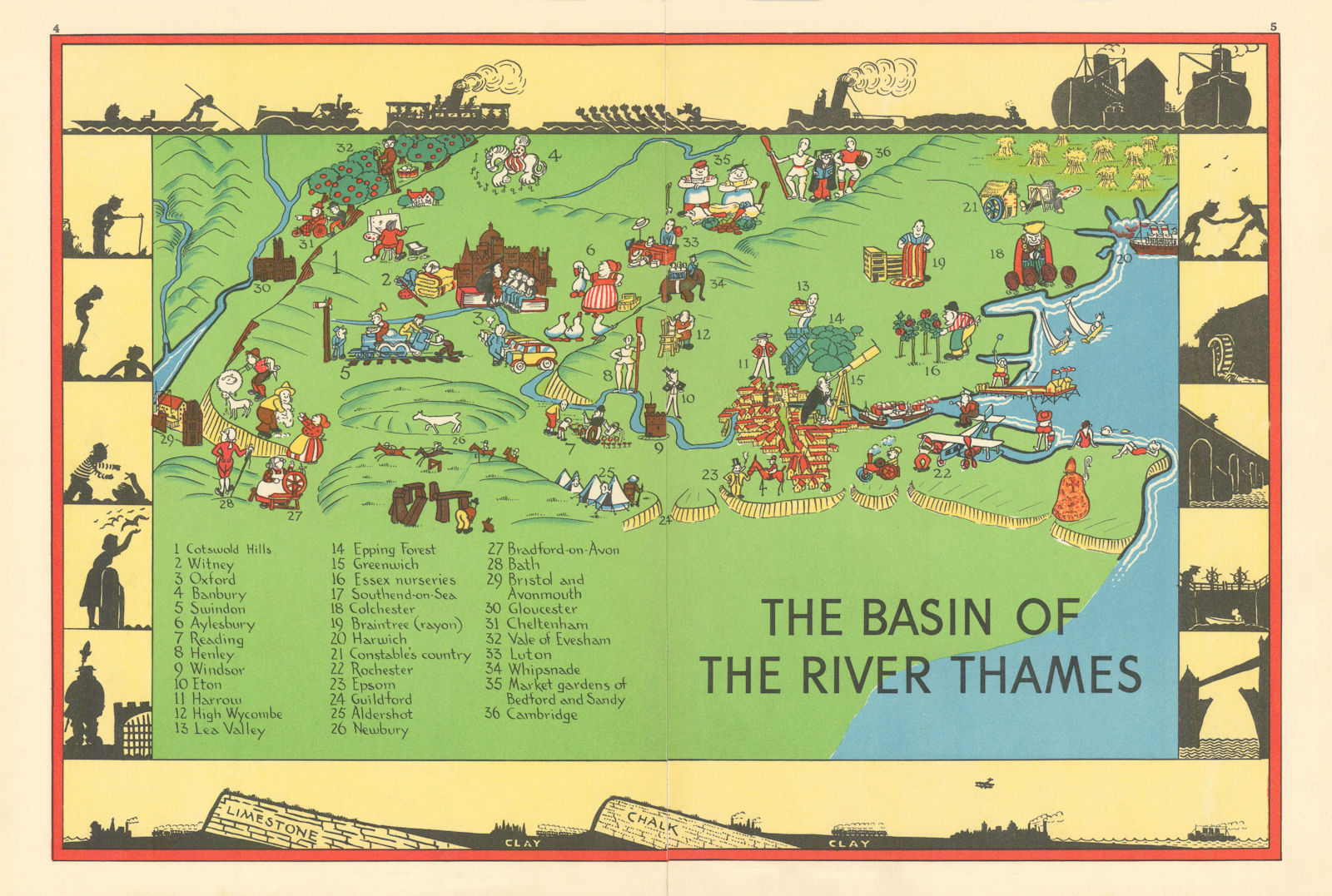 The Basin of the Thames. Thames Valley & Estuary pictorial map. ALNWICK 1937