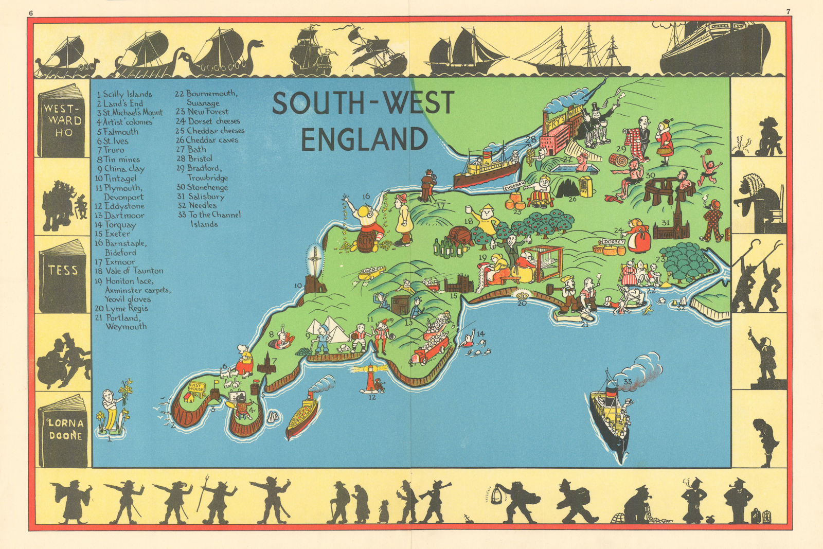 South-West England pictorial map. Devon Cornwall Somerset Dorset. ALNWICK 1937