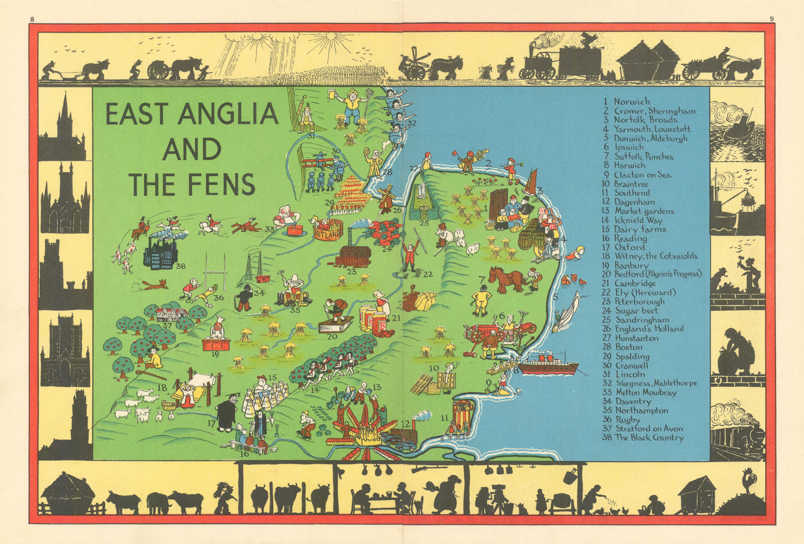 East Anglia and the Fens pictorial map. East Midlands. ALNWICK 1937 old