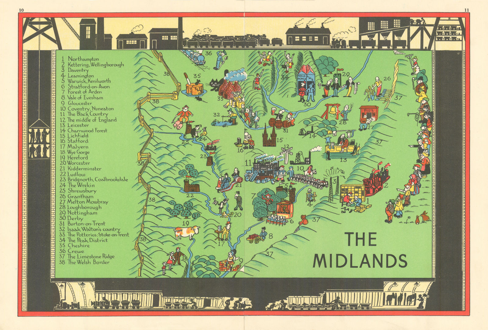 The West Midlands of England pictorial map. ALNWICK 1937 old vintage chart