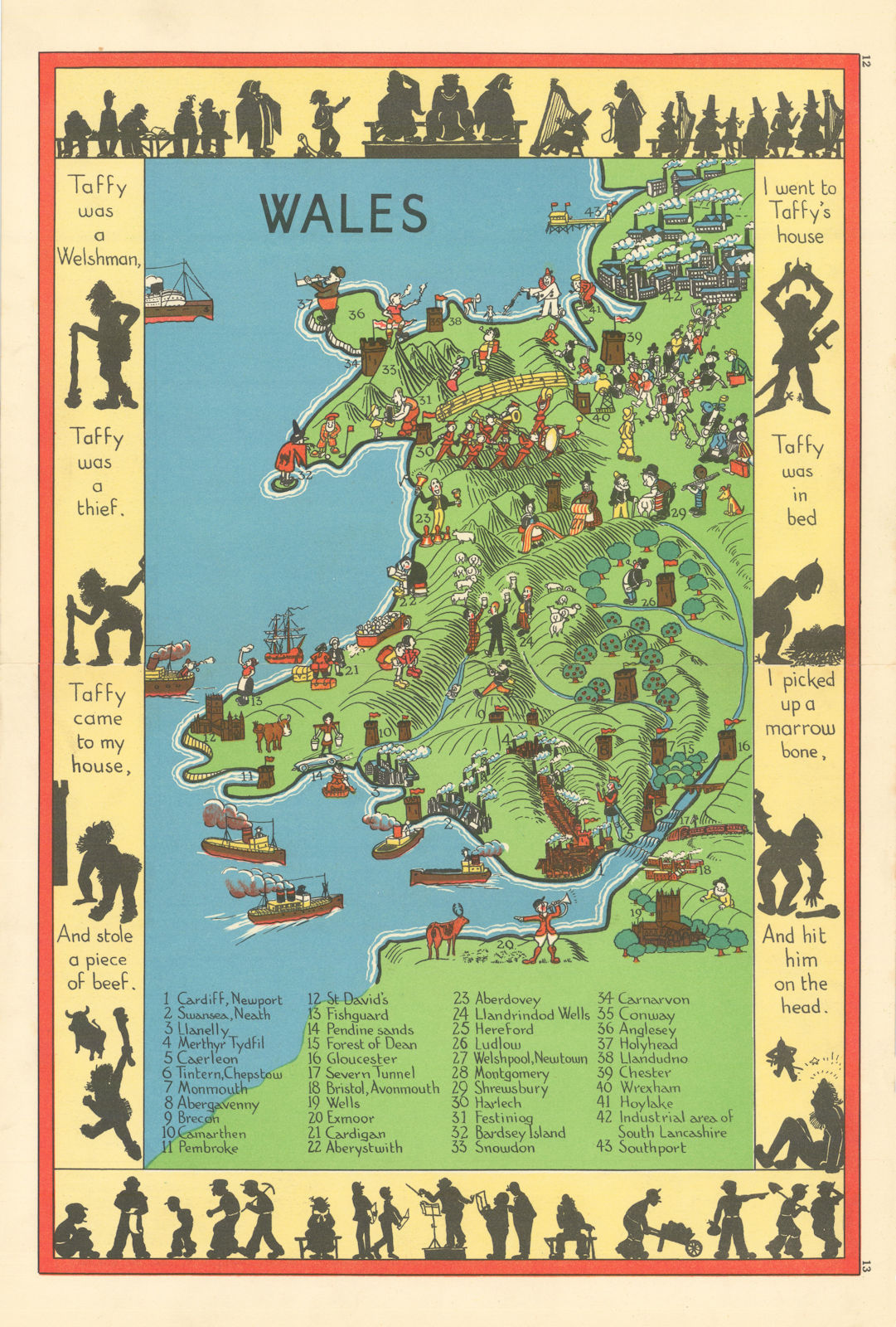 Wales pictorial map. ALNWICK 1937 old vintage plan chart