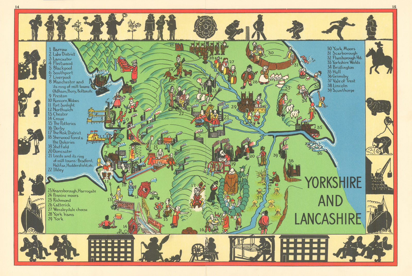 Yorkshire and Lancashire pictorial map. ALNWICK 1937 old vintage chart