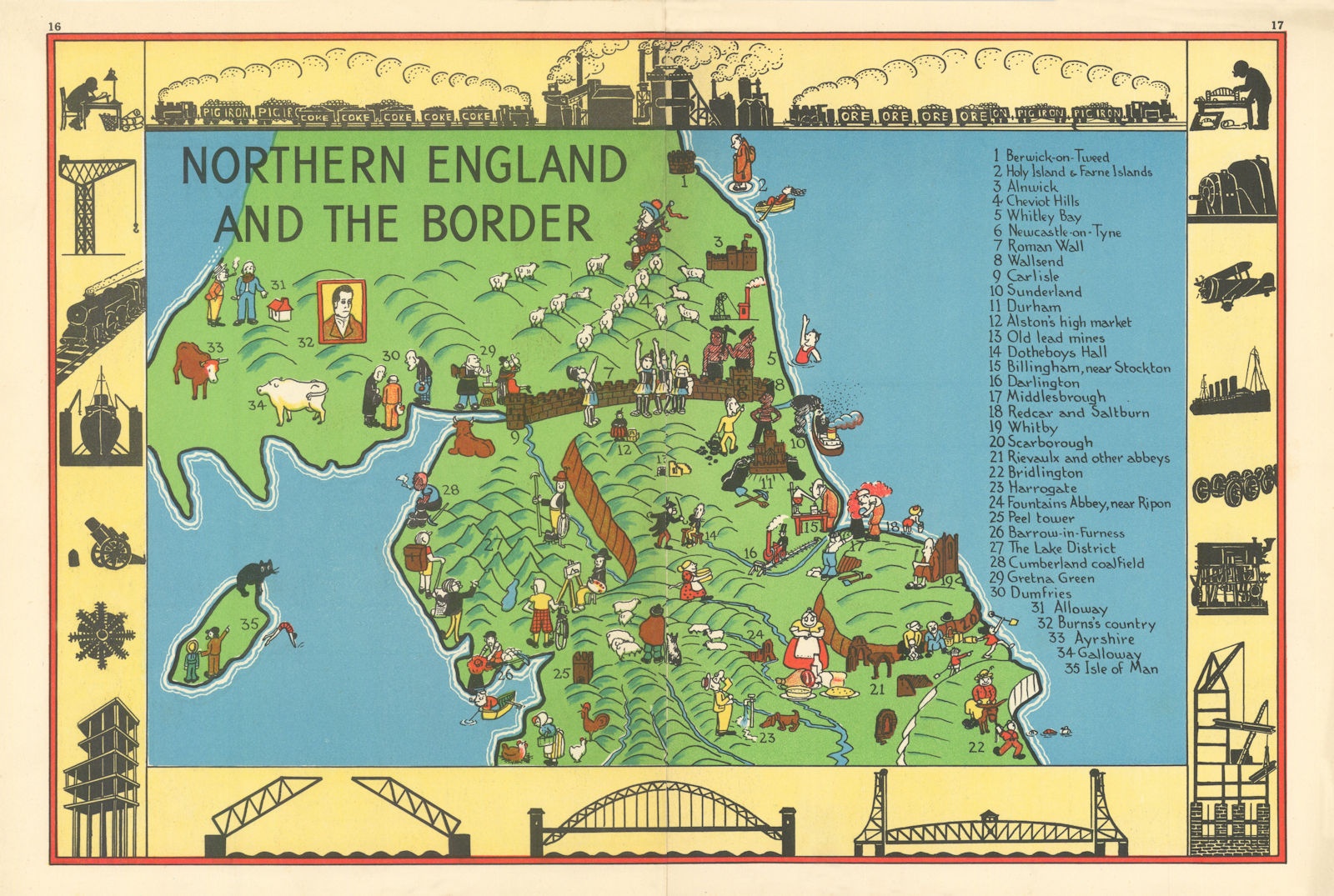 Northern England & Scottish Borders pictorial map. ALNWICK 1937 old