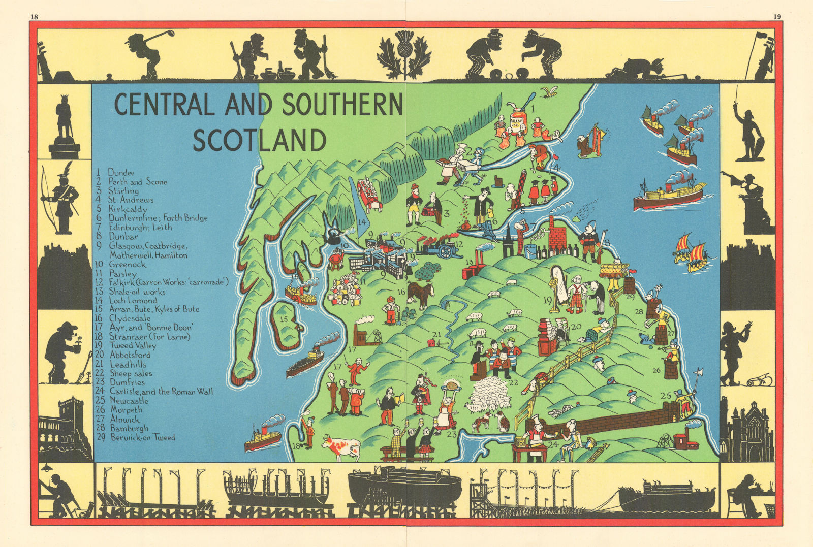 Central and Southern Scotland pictorial map. ALNWICK 1937 old vintage