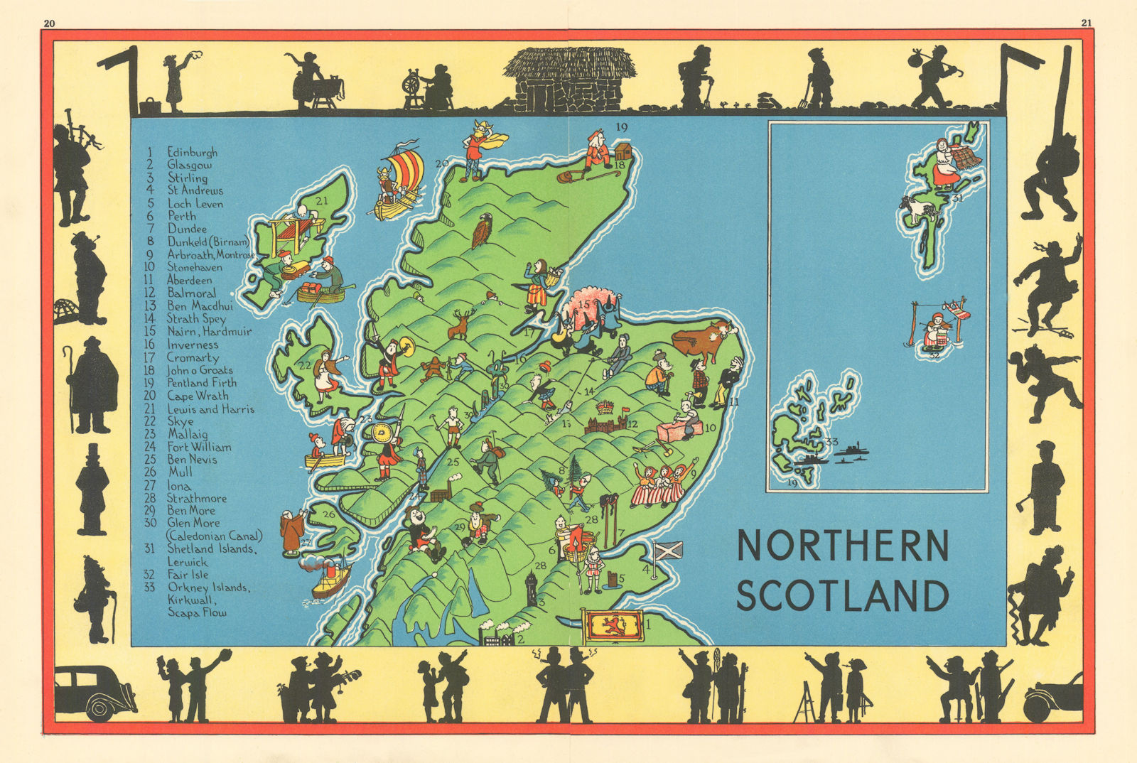 Northern Scotland pictorial map. ALNWICK 1937 old vintage plan chart