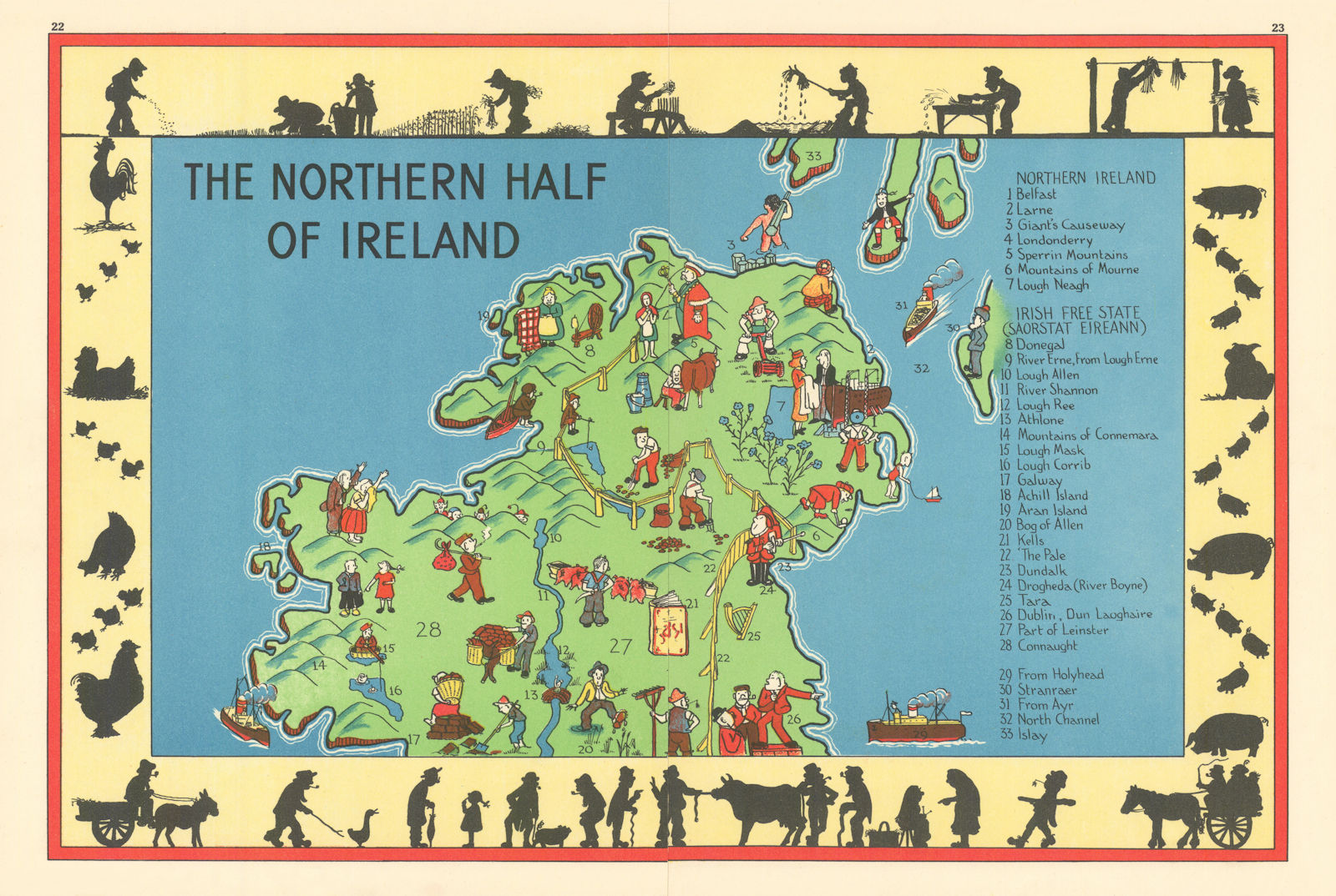 The Northern half of Ireland pictorial map. Ulster. ALNWICK 1937 old
