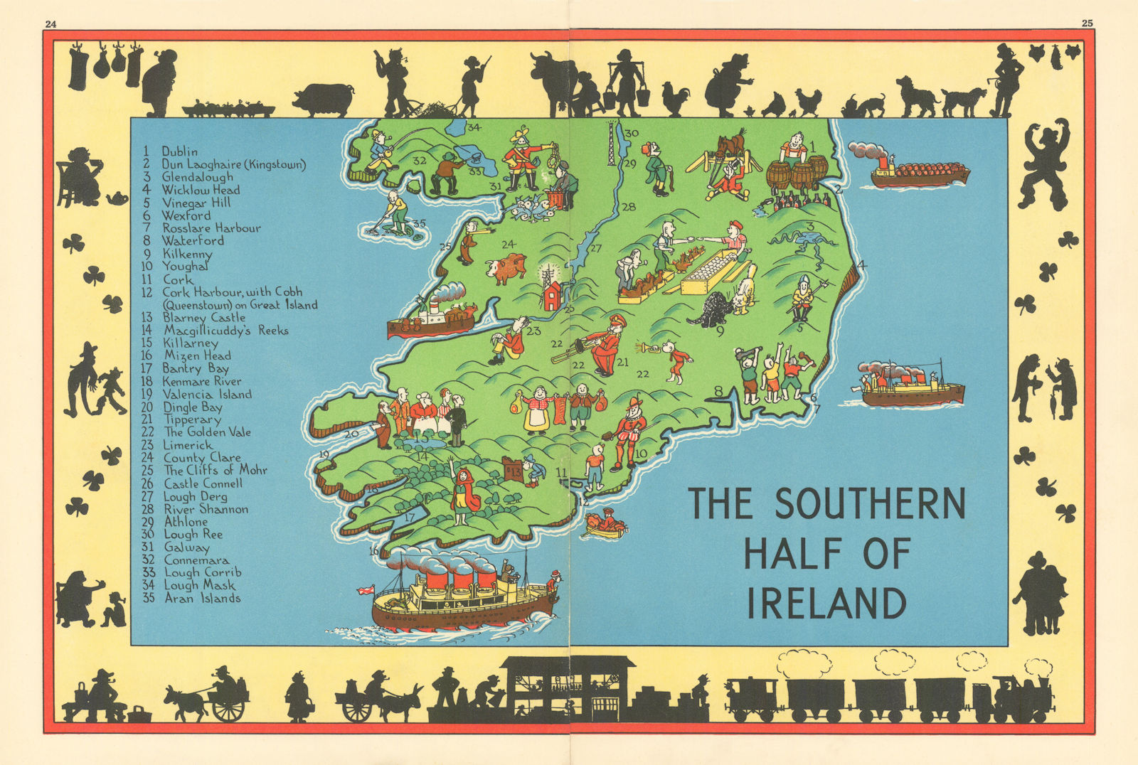 The Southern half of Ireland pictorial map. ALNWICK 1937 old vintage chart